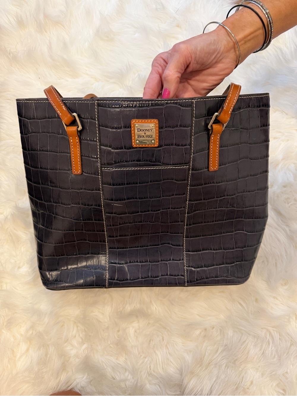Dooney & Bourke Black Croc-Embossed Tote with Tan Trim